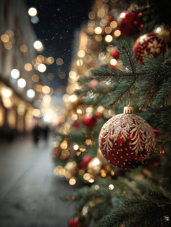 Close-up of a Decorated Christmas Tree Branch with Ornaments and Warm Bokeh Lights: Festive Red and Gold Glitter Bauble Against a Blurry, Snow-Dusted European City Street Background.の素材