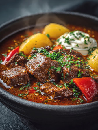 Close-up of steaming traditional beef goulash soup with potatoes and peppers in a black bowl, garnished with sour cream and parsley. A hearty winter comfort food.の素材