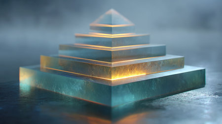 Abstract Stepped Pyramid Constructed from Glowing Blue Ice or Glass Layers with Internal Orange-Gold Light Highlighting Structure on a Dark Misty Surface Representing Hierarchy, Business Success, Technology, and Future Innovationの素材