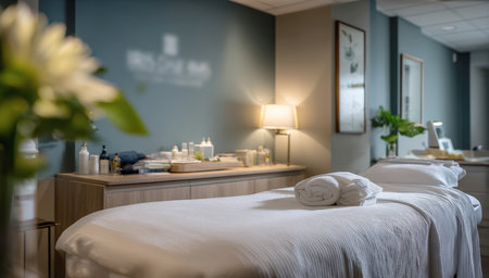 Tranquil Modern Spa Treatment Room Interior: Luxurious Massage Bed with Crisp White Towels and Linens, Set Against a Calming Blue Wall and Soft, Warm Ambient Lighting for Relaxation.の素材