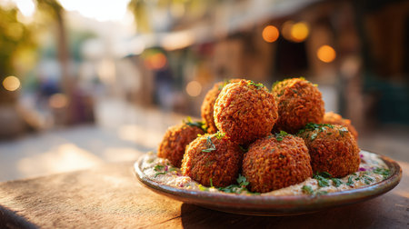 Authentic Crispy Falafel Stack: Golden Brown Middle Eastern Chickpea Fritters Served on a Bed of Creamy Hummus and Garnished with Fresh Parsley, Photographed in Golden Hour Light at a Traditional Outdoor Marketの素材