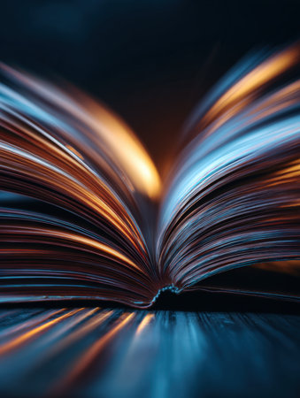Open Book with Pages Illuminated by Dramatic Warm and Cold Light: Close-up of Spreading Pages Symbolizing Knowledge, Storytelling, Education, and the Power of Imagination, Literature, and Ancient Wisdom or Learning.の素材
