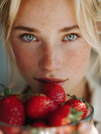 Captivating Freckled Beauty with Strawberries: An Intimate, High-Detail Macro Portrait of a Young Woman with Stunning Blue Eyes and Blonde Hair, Holding a Bowl of Fresh, Ripe Berries Near Her Lips.の素材