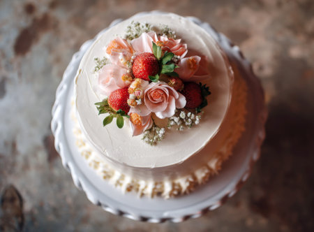 Elegant Wedding or Celebration Cake Topped with Pink Roses, Fresh Strawberries, and Delicate Baby's Breath on a Decorative White Stand, Perfect for Romantic Occasions.の素材