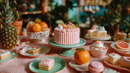 A vibrant, playful close-up of a beautifully decorated dessert spread centered around a pink frosted cake on a mint green stand. The table is laden with sliced cakes, macarons, pineapples, oranges, and grapefruit, creating a sweet party sceneの素材