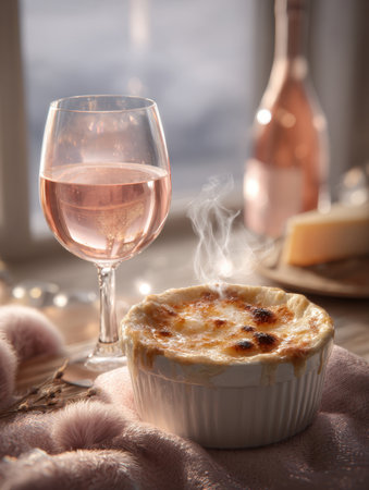 A ramekin of hot, bubbling French onion soup gratinee with melting cheese, steaming next to a glass of rosの素材