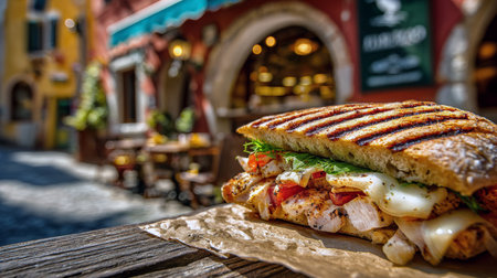 Gourmet Grilled Chicken and Cheese Panini on Rustic Wooden Table: Delicious Ciabatta Sandwich Served Outdoors on Parchment Paper with a Blurred Background of an Idyllic Mediterranean Town Restaurant and Sunny Street.の素材