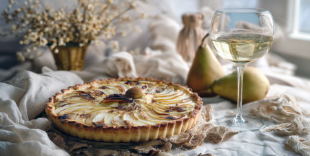 A beautifully plated pear and almond tart with a golden crust, served on a textured cloth next to a glass of chilled white wine. Set by a window with dried flowers and whole pears in a soft, bright, cozy setting.の素材