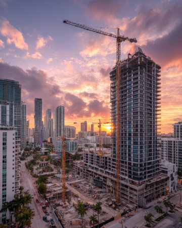A high-angle vertical shot of a vibrant city skyline at sunset, dominated by a tall skyscraper under construction with yellow tower cranes. The surrounding area shows dense urban development and streets below.の素材