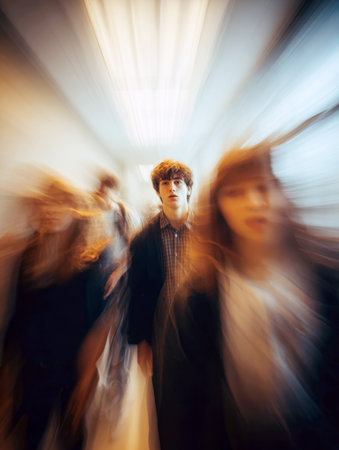A dynamic, high-angle portrait of a young man with brown hair standing still in a bustling school/college hallway. The surrounding students are motion-blurred, isolating him amid the chaos of the passing crowd.の素材