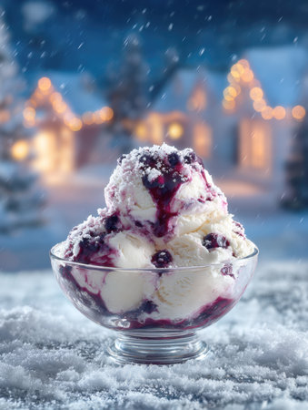 A scoop of vanilla ice cream with blueberry or blackberry topping and fresh powdered snow in a glass sundae bowl. Set on a snowy surface with blurred, warm Christmas lights and houses in the background.の素材