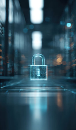 Illuminated Holographic Digital Padlock in a Futuristic Dark Server Room or Data Center: Abstract Concept Representing Network Security, Data Protection, Encryption, and Cybersecurity Infrastructure in a High-Tech Business and Technology Environment.の素材