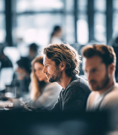 A close-up profile shot of a young man with curly, sun-lit hair and a beard, attentively focused during a business meeting or lecture. He sits in a row with blurred colleagues in a cool-toned office or auditorium.の素材