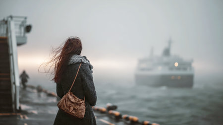 Woman standing on a ship deck or foggy pier, seen from the back, wearing a textured coat and scarf with hair blowing in the wind, watching a blurred ferry or cruise ship pull away into the heavy mist or fog over the gray waterの素材
