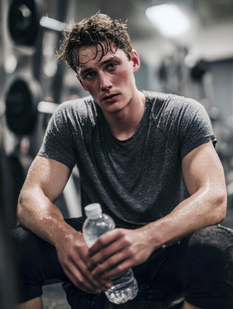 A dramatic, vertical close-up portrait of a tired but dedicated young man with sweat dripping from his face and body, taking a break from weightlifting in a dimly lit gym while holding a bottle of water.の素材