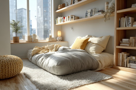 Minimalist, sun-drenched bedroom interior with a floor mattress next to a large window overlooking a city skyline, featuring floating wooden shelves stacked with books, a woven pouf, and a fuzzy rug, emphasizing a serene, modern, urban lifestyle.の素材