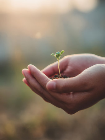 A vertical, warm-toned close-up of a tiny, bright green plant sprout held carefully in a person's cupped hands with dark soil, set against a beautifully blurred natural background, representing hope, care, and ecology.の素材