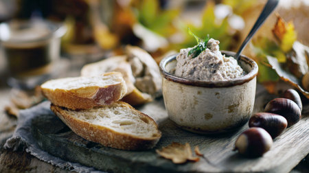 A delicious, rustic close-up of pate or terrine, likely made from chestnuts or a mushroom blend, presented in a small, earthy ceramic bowl. It is served with crusty slices of baguette on a wooden board, with chestnuts and autumn leavesの素材