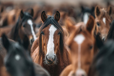 Intense, direct gaze of a beautiful brown horse with a distinctive white blaze on its face. The horse is positioned centrally in a tight, blurred herd of other horses, emphasizing its strength and focus.の素材