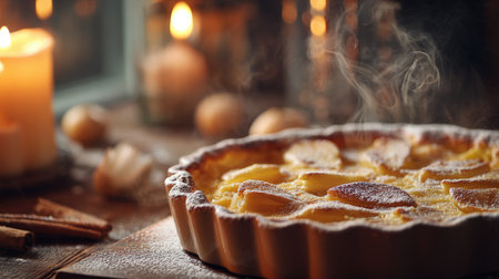 Warm Apple Pear Tart Perfection: Close-up of a Steaming, Golden Fruit and Custard Pie, Dusted with Powdered Sugar, Surrounded by Lit Candles and Cinnamon Sticks for a Cozy Winter Dessert Scene.の素材