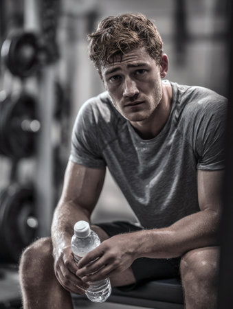 A vertical, realistic portrait of a muscular, sweaty young man sitting down in a gritty, low-lit gym. He holds a plastic water bottle and looks directly at the camera, conveying focus, fatigue, and commitment to fitnessの素材