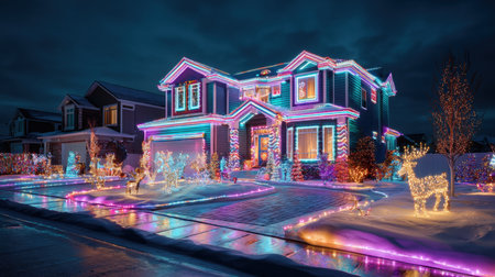 Vibrant Neon Christmas Light Display. Modern Suburban Home Exterior Decorated with Dazzling Pink and Blue LED Lights, Showcasing a Bold, Festive Holiday Aesthetic at Night.の素材