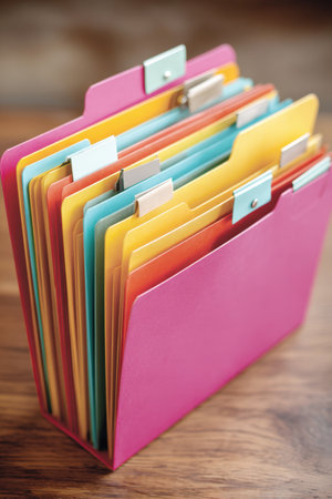 Vibrant Organizational System: Close-up of a Stack of Multicolored Index Tabs and Expanding Folders on a Wooden Desk, Representing Office Management and Archiving.の素材