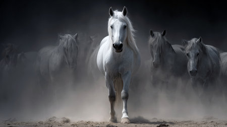 Majestic White Horse in Motion: Dramatic Low-Key Portrait of a Powerful Stallion Standing in a Cloud of Dust with a Wild Herd in the Dark, Moody Background.の素材