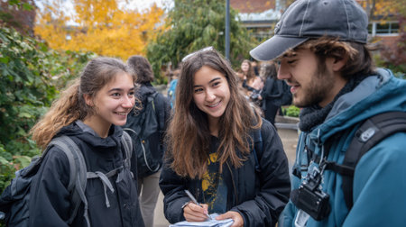 Positive College Students Engaging in Outdoor Discussion: Diverse Group of Young Adults Conversing and Taking Notes on a University Campus During a Bright, Autumn Day.の素材