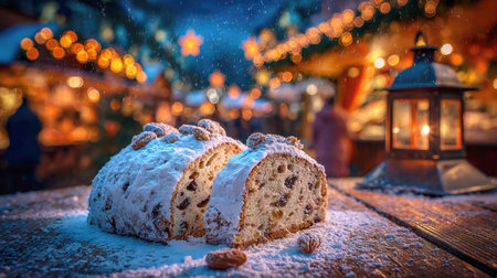 Traditional German Christmas Market Stollen: Close-up View of Powdered Sugar Stollen Bread Slices on a Snowy Wooden Table, Illuminated by a Candle Lantern and Warm Bokeh Lights.の素材