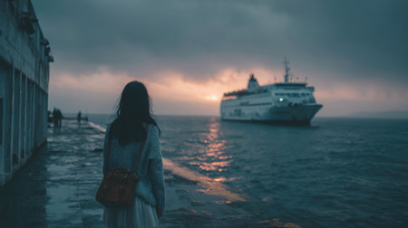 A young woman stands alone on a damp pier with her back to the camera, watching a departing ferry boat at sunset. The moody scene features dramatic lighting, dark water, and an emotional feeling of travel, departure, or farewell.の素材
