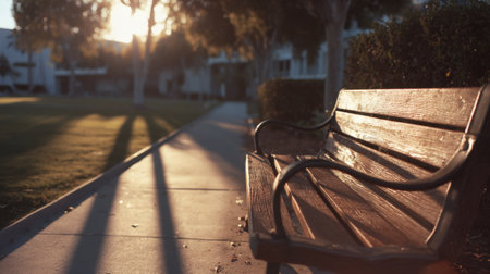 An inviting close-up of an empty wooden park bench on a paved walkway, bathed in the warm, golden light of sunset or sunrise. The image conveys peace, solitude, nature, and the beauty of an evening stroll or break.の素材