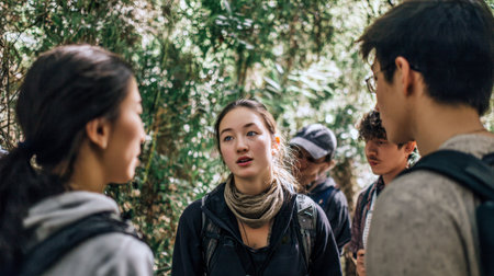 Engaged Wilderness Discussion: Group of Young, Diverse Hikers Pausing on a Lush, Overgrown Trail to Strategize and Communicate, Capturing the Spirit of Teamwork, Adventure, and Environmental Explorationの素材