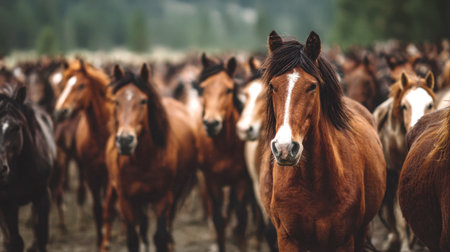 A dramatic close-up of a powerful bay horse with a white blaze, standing firm while a large herd of wild horses runs behind in a field. The moody, overcast lighting emphasizes the freedom and raw strength of the animals.の素材