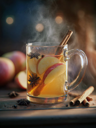 A close-up of a clear glass mug of hot, steaming apple cider garnished with cinnamon sticks and star anise. The warm, inviting winter drink is set on a dark wooden table with blurred background bokeh lights and fresh applesの素材