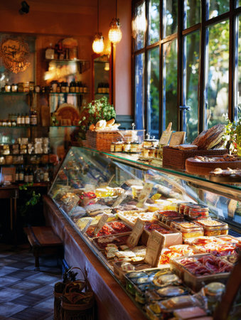 A richly lit interior of a gourmet food store or delicatessen, focusing on a refrigerated glass display case overflowing with artisan cheeses, sliced cured meats, and various antipasti. Rustic shelves hold jams and preserved goods.の素材