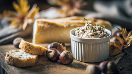 Close-up of a bowl of creamy, savory meat spread pate served with crusty bread and chestnuts on a wood board. The image conveys autumn food, fall harvest, French cuisine, charcuterie, appetizers, rustic dining, and comfort food.の素材