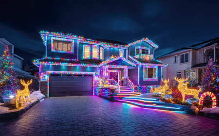A modern two-story suburban home covered in a massive, colorful, over-the-top holiday light display, including reindeer decorations and illuminated pathways, capturing the extreme enthusiasm of Christmas decorating and winter celebrations at night.の素材