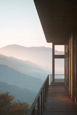 A tranquil exterior view from a contemporary wooden building or chalet balcony overlooking a foggy mountain range during golden hour. The image conveys travel, architecture, nature, meditation, peaceful solitude, and wellness retreat themes.の素材