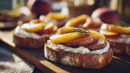 Gourmet Summer Appetizer: Close-Up of Artisan Bread Bruschetta Topped with Creamy Cheese, Sweet Glazed Peach or Apricot Slices, and a Sprig of Fresh Rosemary, Served on a Wooden Board in Sunlight.の素材