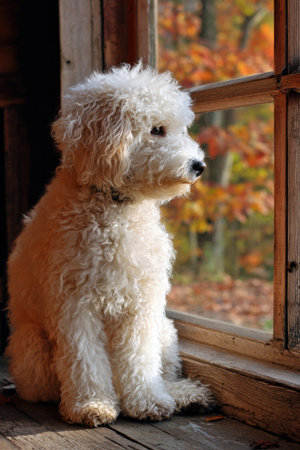 n adorable curly-haired white puppy sitting in an old cabin window looking outside at the colorful autumn landscape. The image conveys pet companionship, fall season, cozy indoor living, dog loyalty, nature view, and rustic home comfort.の素材