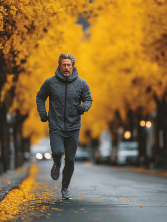 A dynamic, vertical shot capturing an active, fit man running outdoors on a wet autumn road under yellow foliage, symbolizing health, fitness, active aging, personal training, and exercise in nature.の素材