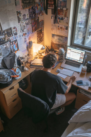 Focused Male Student Working on Homework at a Cluttered Desk, Surrounded by Posters and Notes in His Warmly Lit University Dorm Room.の素材