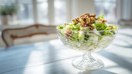 Elegant Close-Up of a Crisp Green Salad Topped with Celery Slices and Whole Walnuts, Served in a Crystal Pedestal Bowl on a Bright White Table.の素材