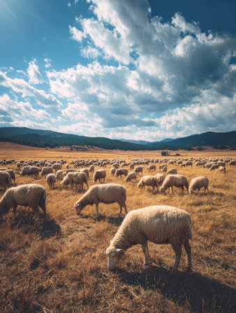 Idyllic Rural Landscape: A Large Flock of White, Woolly Sheep Grazing on Dry, Golden Grass in a Vast Field, Framed by Distant Mountains and Dramatic Clouds in a Wide Blue Sky, Evoking Traditional Farming and Tranquil Pasture Scenesの素材
