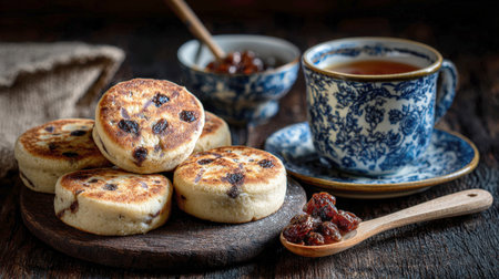 Atmospheric low-key image showcasing a stack of traditional currant-studded Welsh cakes dusted with sugar, served with a delicate blue and white tea cup, jam, and dried fruit on a dark, rustic wood table.の素材