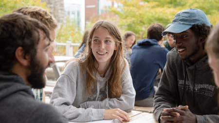 A vibrant candid moment capturing a group of happy college or university students sitting around a picnic table, engaged in a lively conversation or study session outdoors on a sunny day. Focus is on teamwork and shared learning.の素材