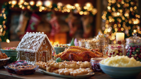 A richly detailed, close-up photograph of a lavish holiday dinner table set for Christmas. The feast includes a roast, mashed potatoes, pies, gingerbread house, and candy, with warm bokeh lights from a tree and fireplace in the backgroundの素材