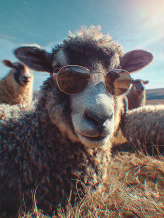 Humorous and cool low-angle, close-up portrait of a domestic sheep wearing stylish aviator sunglasses, standing in a sunny outdoor field with other sheep blurred in the natural, earthy background.の素材