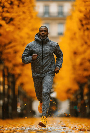Dynamic, full-length shot of a determined man running forward in gray athletic wear and yellow shoes on an autumn day. The background is a soft blur of golden trees lining a city street or park path, emphasizing speed and fitness.の素材